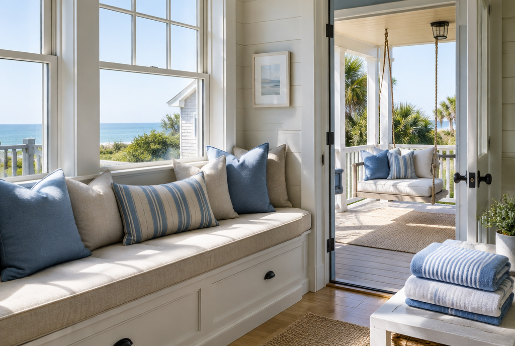 Holiday rental window seat cushion and verandah swing cushions in natural canvas