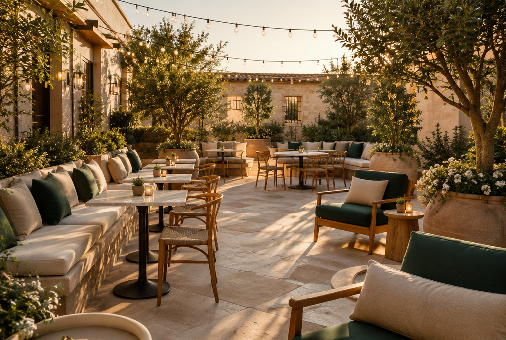 Boutique hotel terrace with custom outdoor bench and lounge cushions