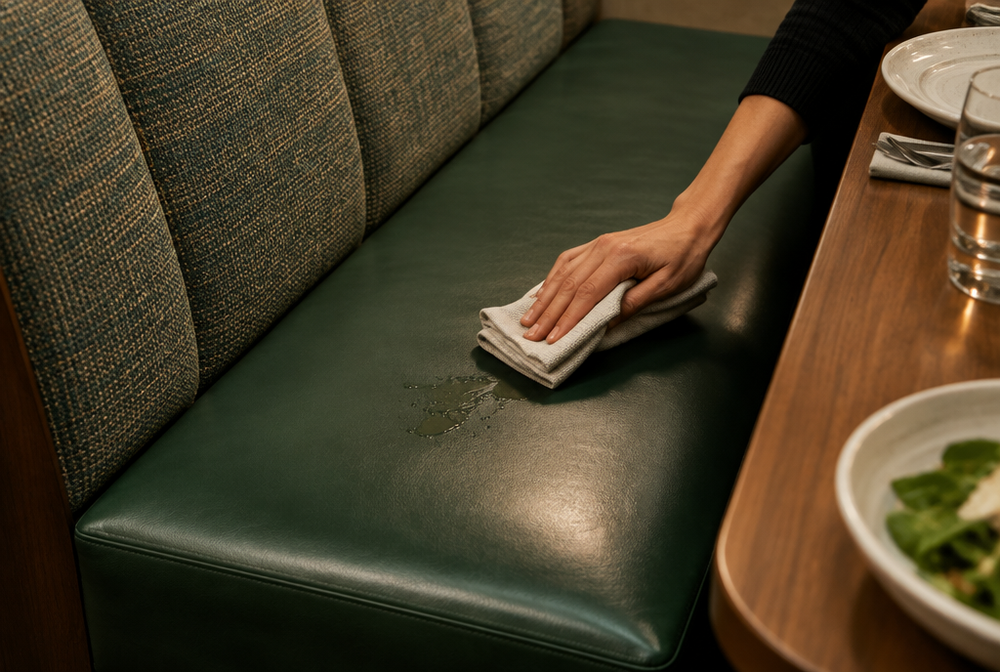 Wipe-clean faux leather restaurant booth seat being cleaned