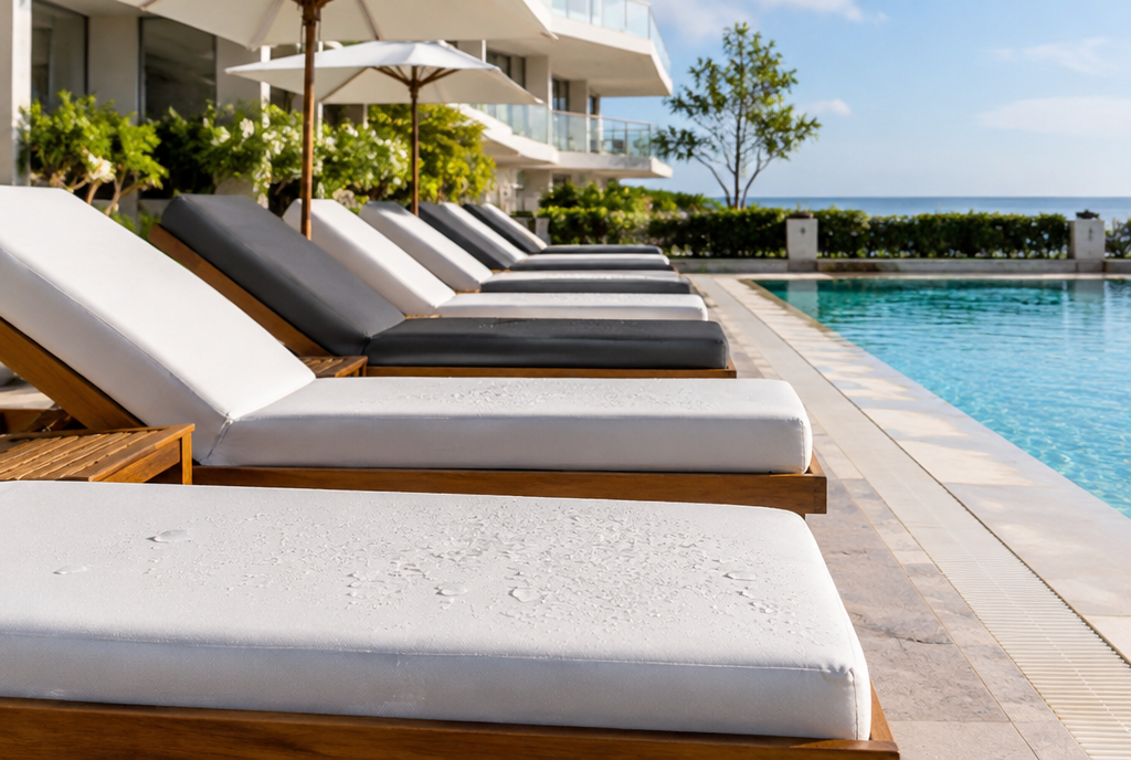 Hotel pool deck with teak chaise lounges and white and charcoal commercial-grade outdoor cushions, water beading on the fabric