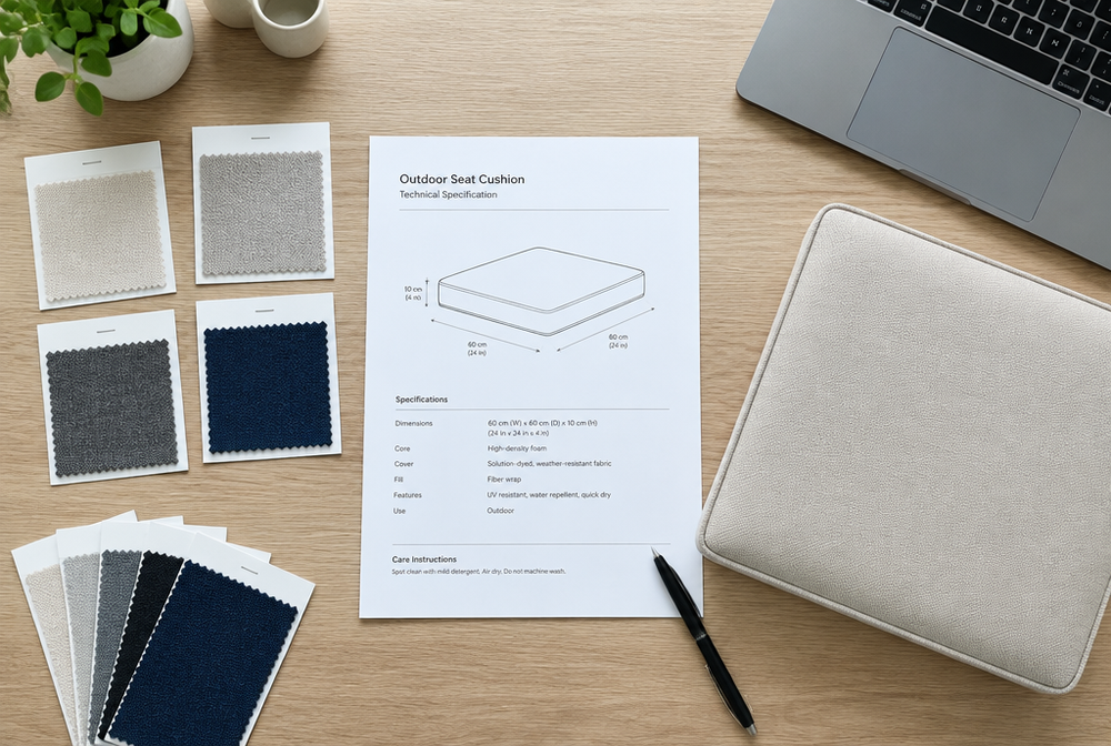Outdoor fabric swatch cards, a cushion spec sheet with a technical drawing and a sample seat cushion on a white oak desk