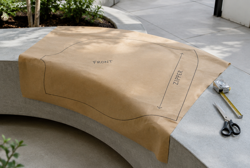Kraft paper template traced over a curved concrete bench, marked front and zipper side, for a custom-shaped cushion