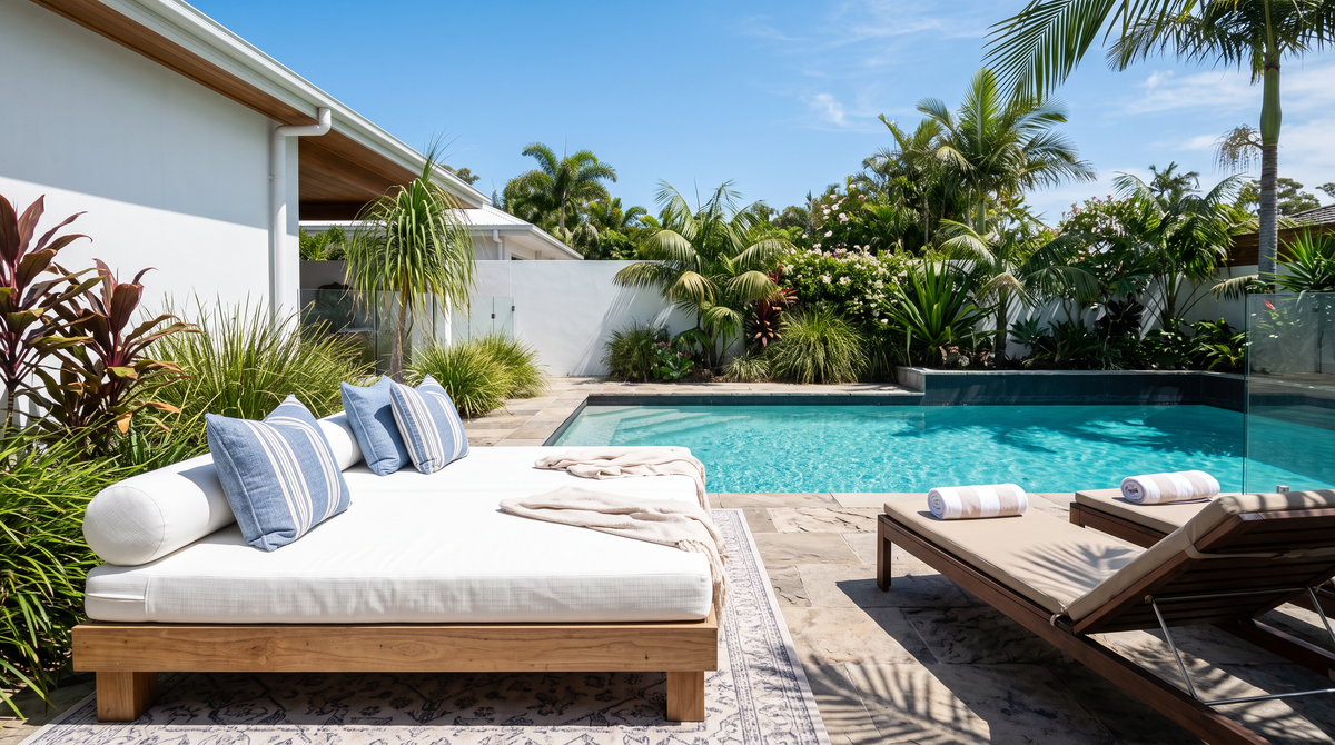 Poolside daybed and sun lounger cushions in summer