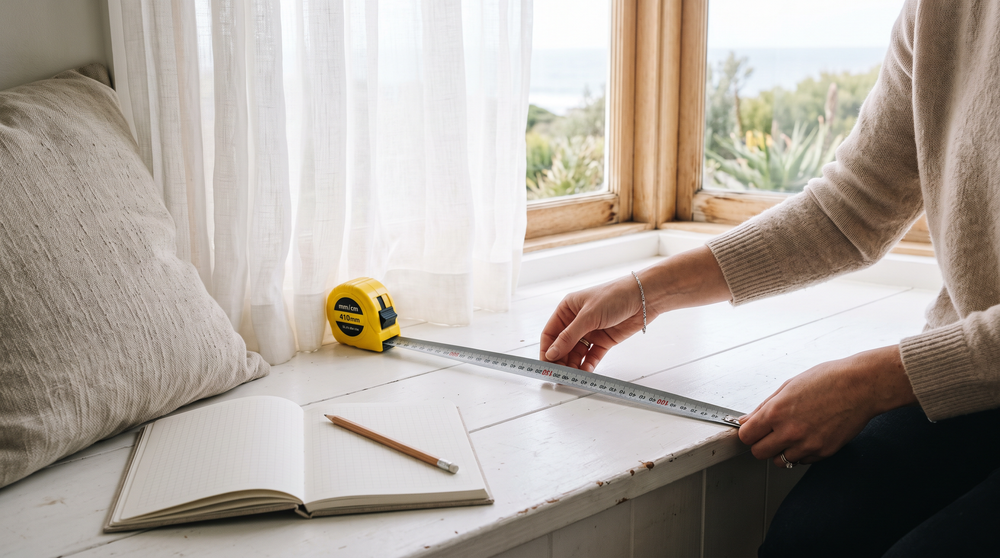 Measuring a window seat in millimetres with a steel tape
