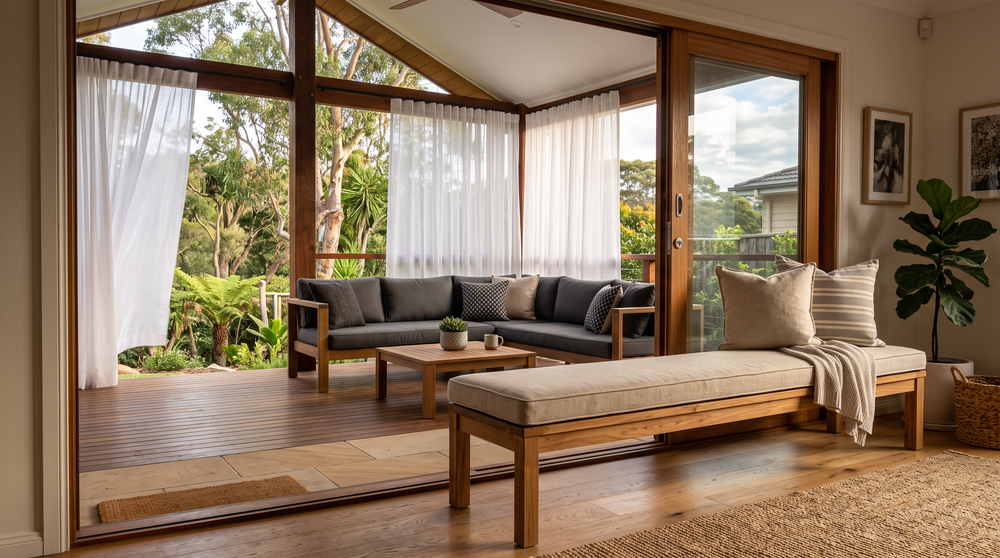 Indoor bench cushion with outdoor cushions and curtains on the verandah beyond