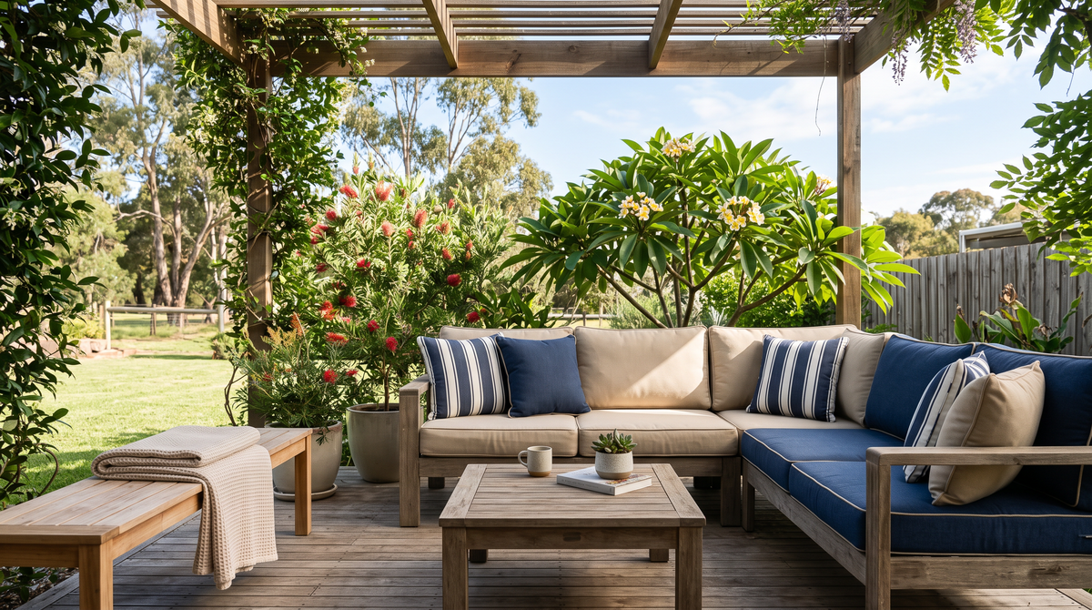 Outdoor lounge with fresh cushions in an Australian alfresco area