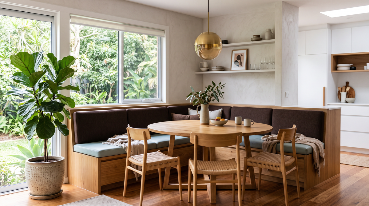 Kitchen banquette with duck-egg blue and chocolate faux leather cushions