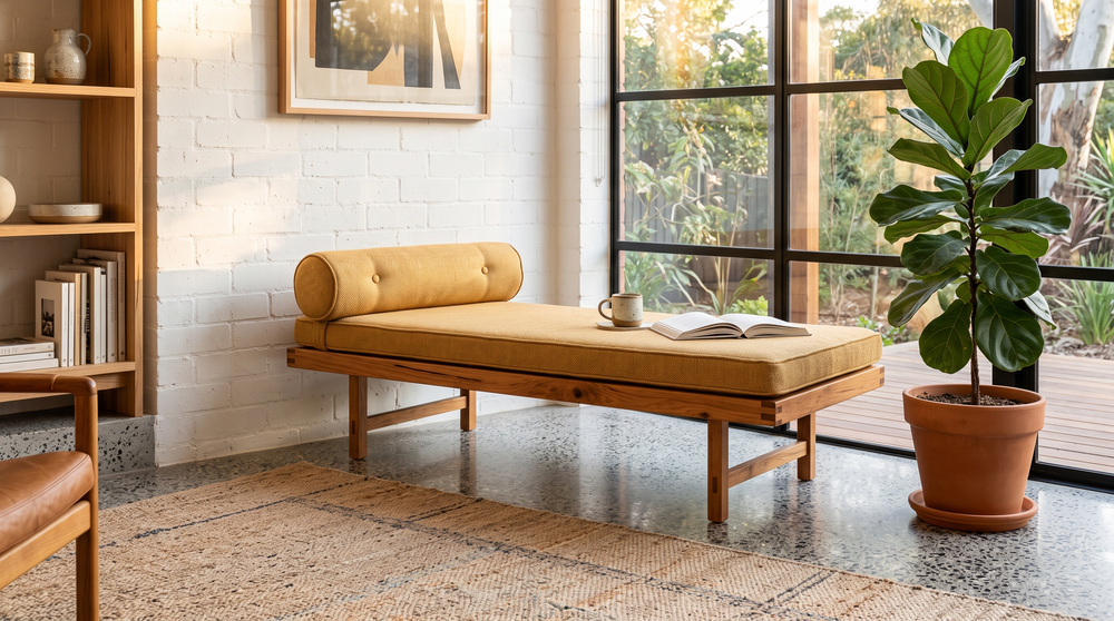 Restored vintage timber bench with a new honey-coloured cushion