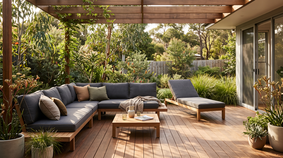 Outdoor modular sofa and sun lounge with new cushions on an Australian deck