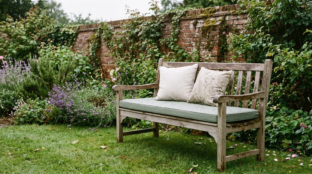 Garden bench cushion with raindrops beading on the fabric in an English garden