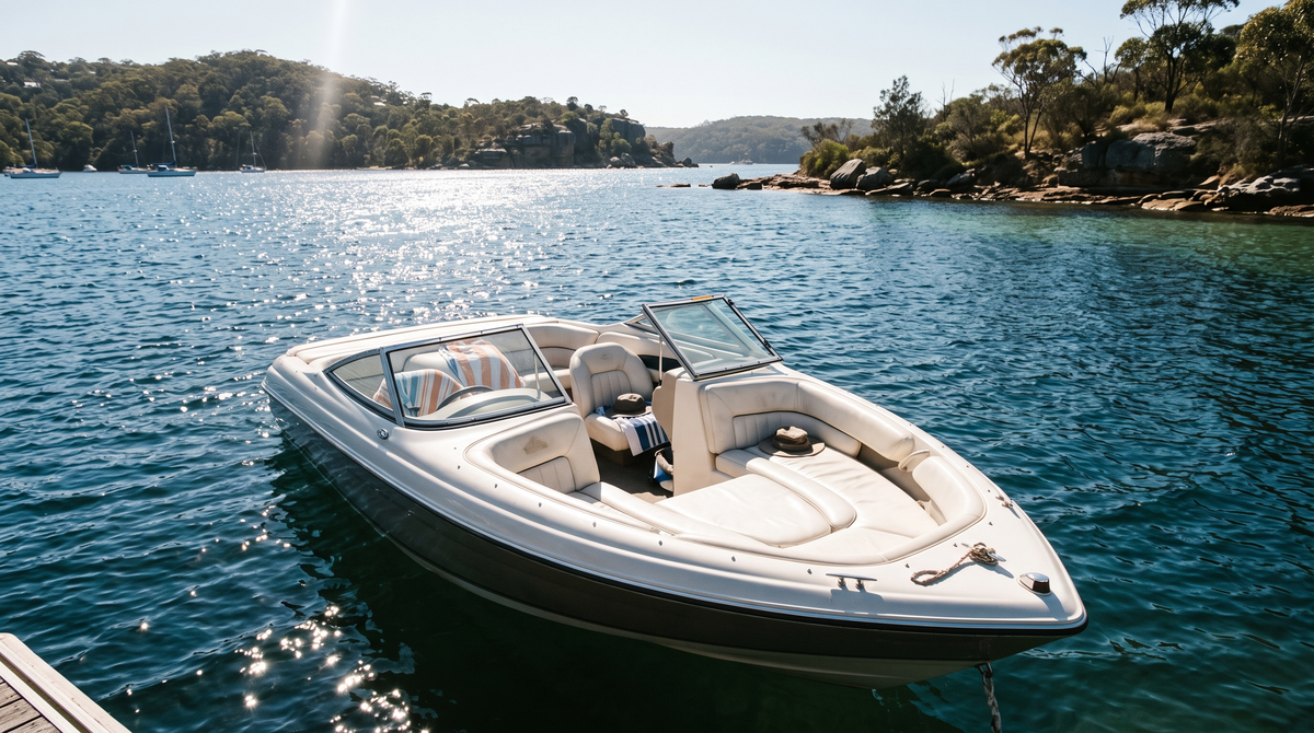 Marine vinyl boat cushions and sun pad on an Australian bay