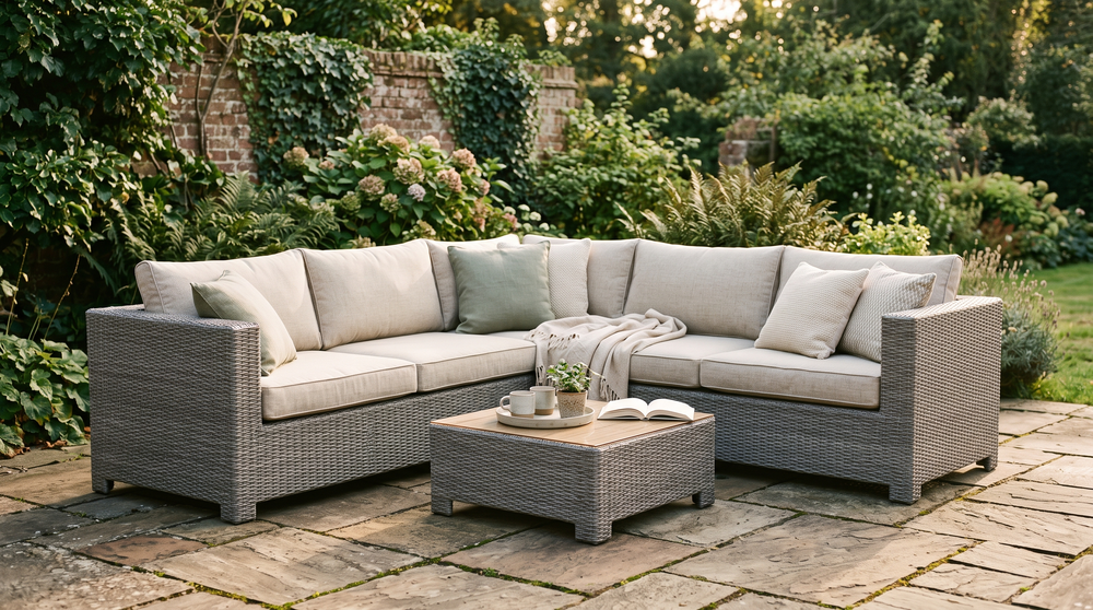 Rattan corner sofa with new made-to-measure garden cushions on a patio
