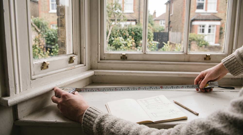 Measuring a bay window seat in centimetres for a made-to-measure cushion