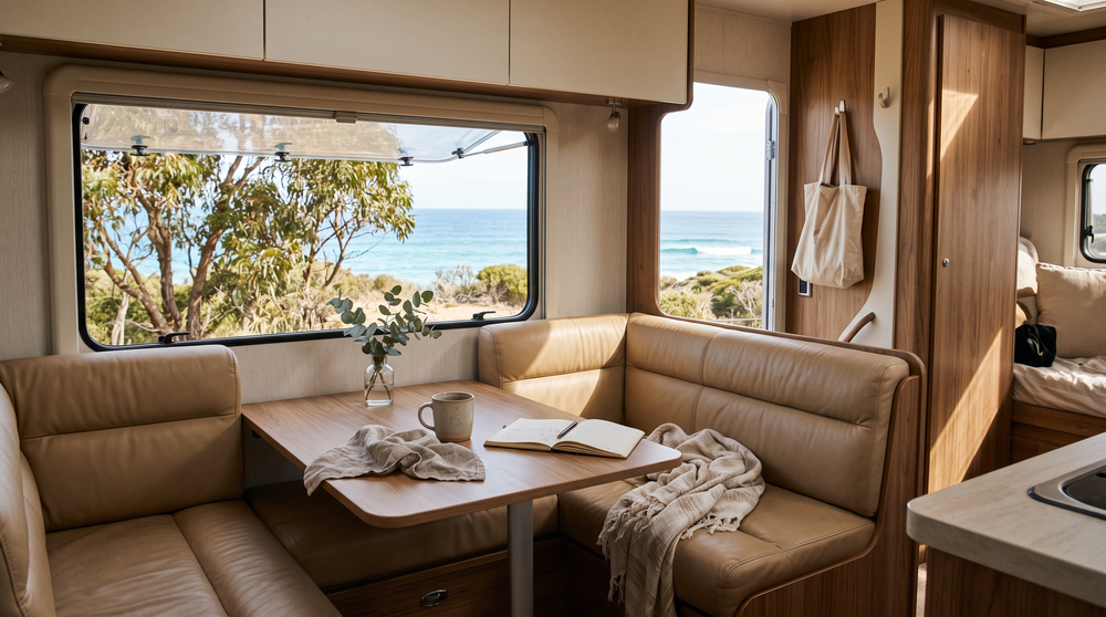 Caravan dinette with new fitted cushions on the Australian coast