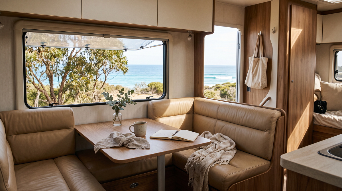 Caravan dinette with new fitted cushions on the Australian coast