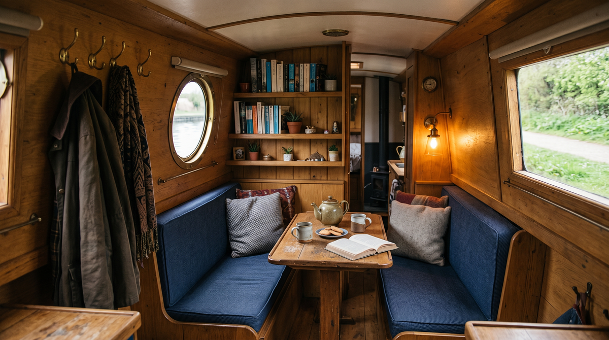 Made-to-measure dinette cushions inside a narrowboat cabin