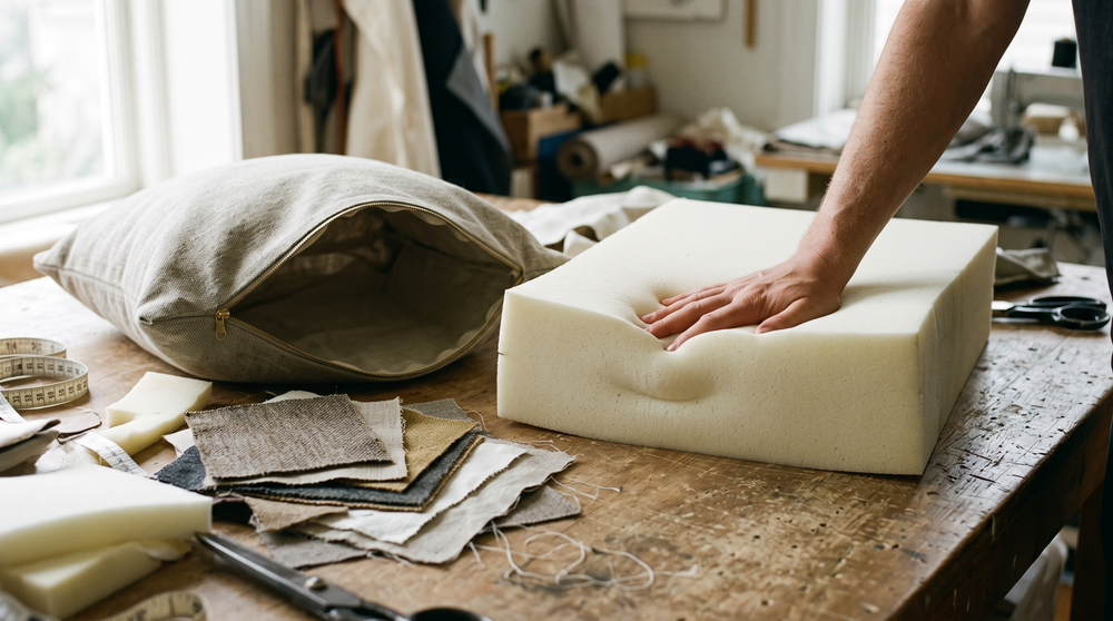 Pressing cushion foam beside an open zipped cushion cover