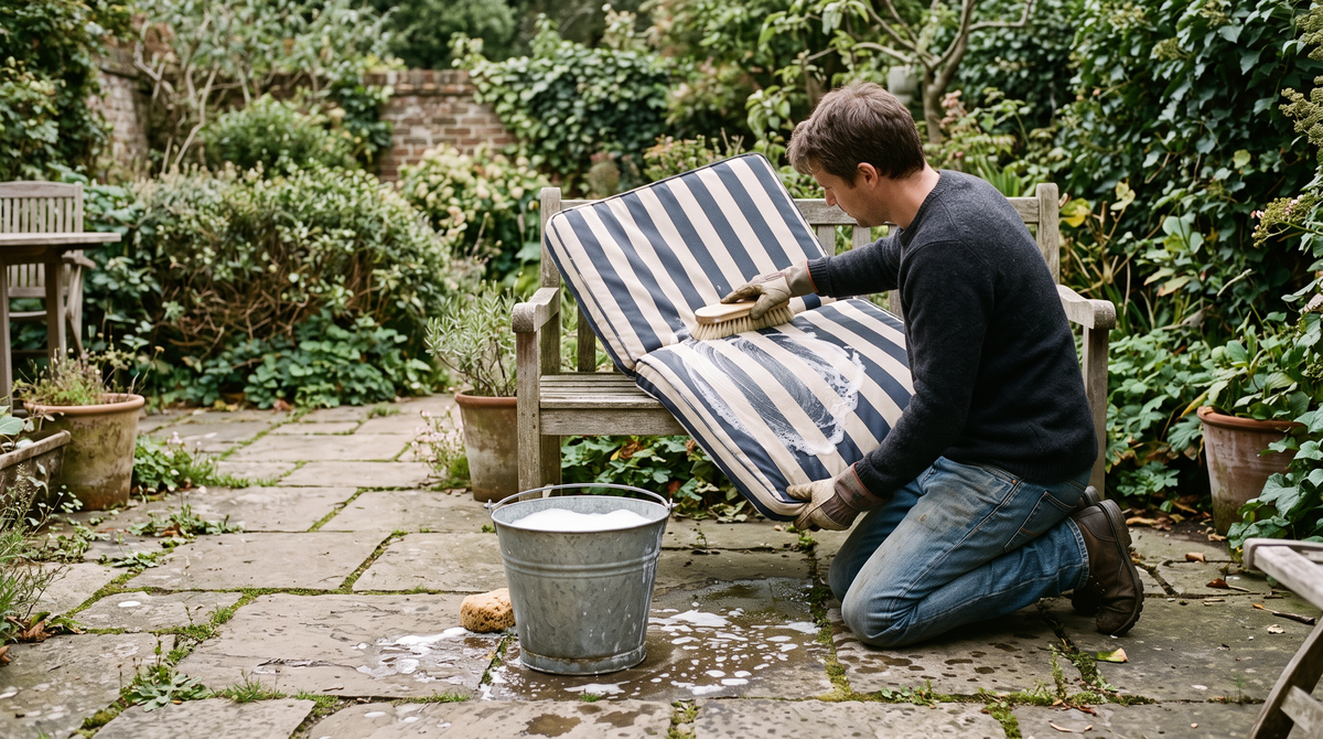 Cleaning an outdoor cushion with a soft brush and soapy water