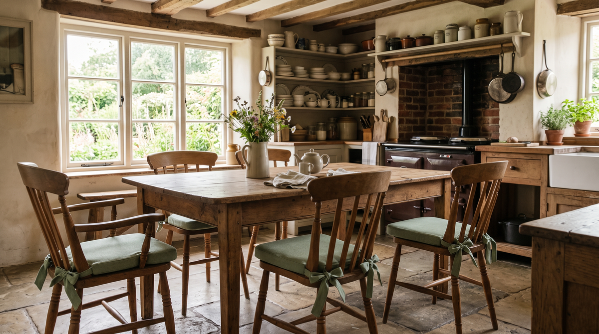 Kitchen dining chairs with made-to-measure seat pads and ties
