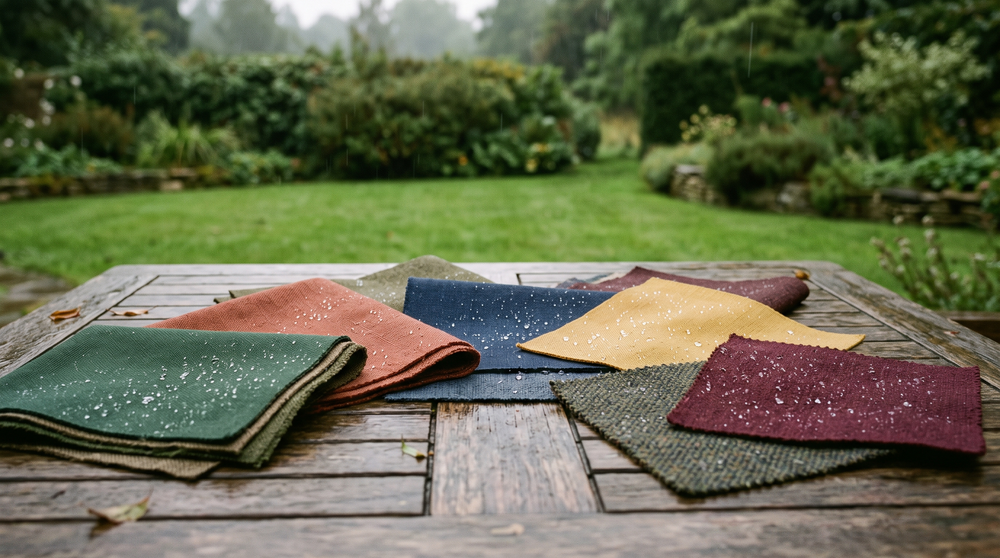 Outdoor fabric swatches with raindrops on a garden table