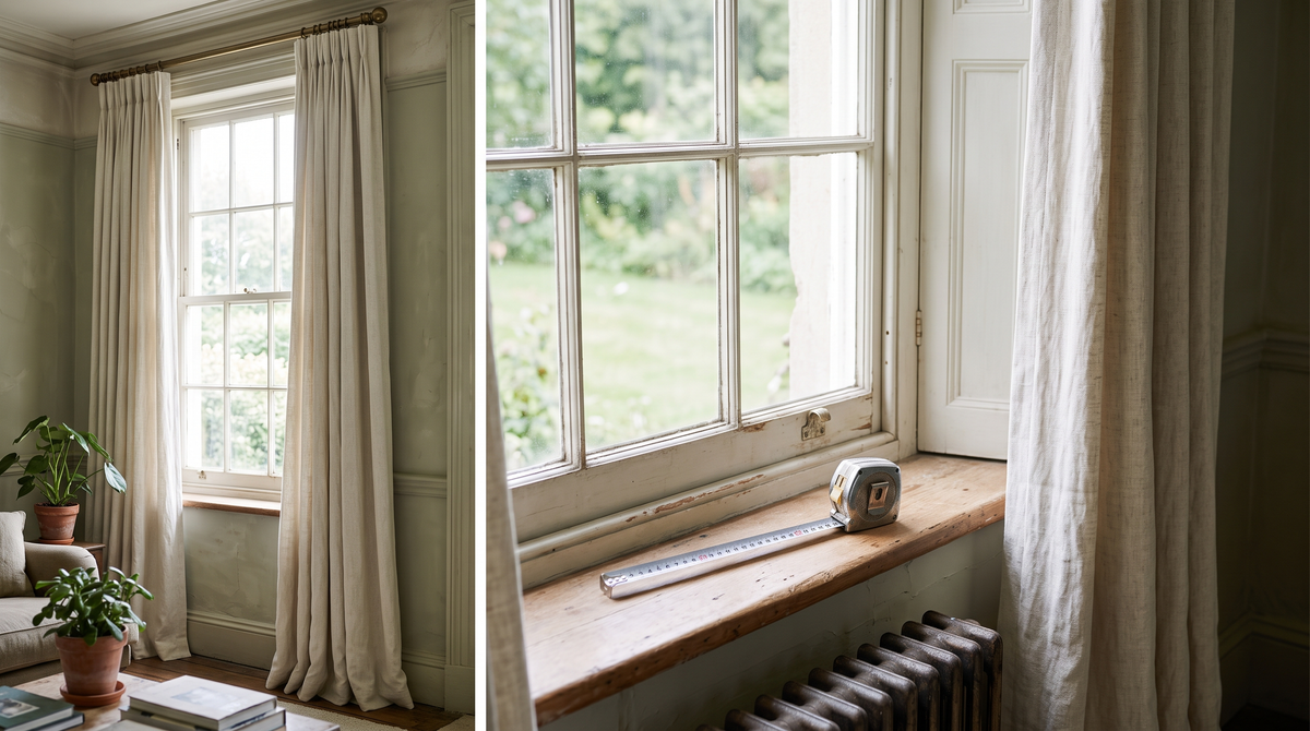 Made-to-measure pinch pleat curtains on sash windows with a tape measure in centimetres