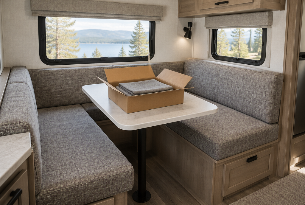 Travel trailer dinette with new custom seat and back cushions and an unbranded shipping box on the table