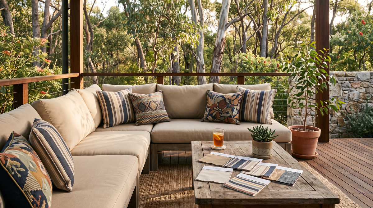 Outdoor lounge on an Australian deck with plain and textured Sunbrella-style cushions and fabric swatches