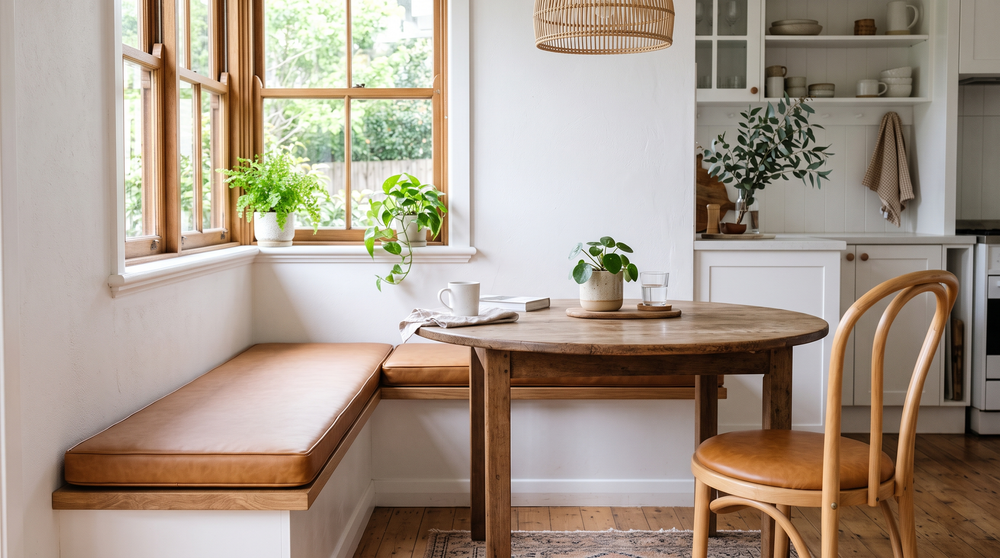 Kitchen breakfast nook with a tan faux leather bench cushion and a leather-look dining chair cushion