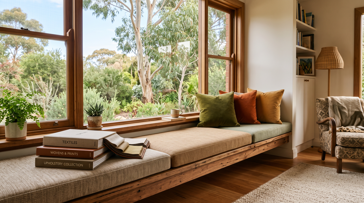 Sunlit Australian living room with a timber window seat and custom cushions in textured woven fabrics, with fabric swatch books