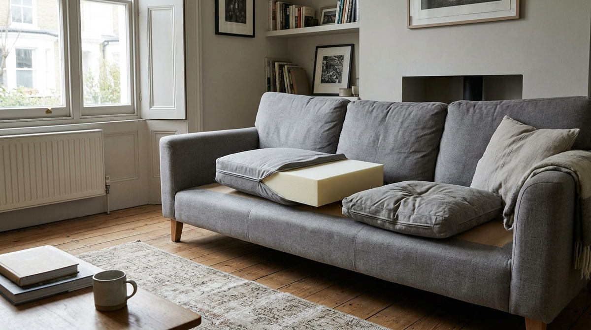 Sofa seat cushion being refilled with new firm foam beside a flattened old cushion
