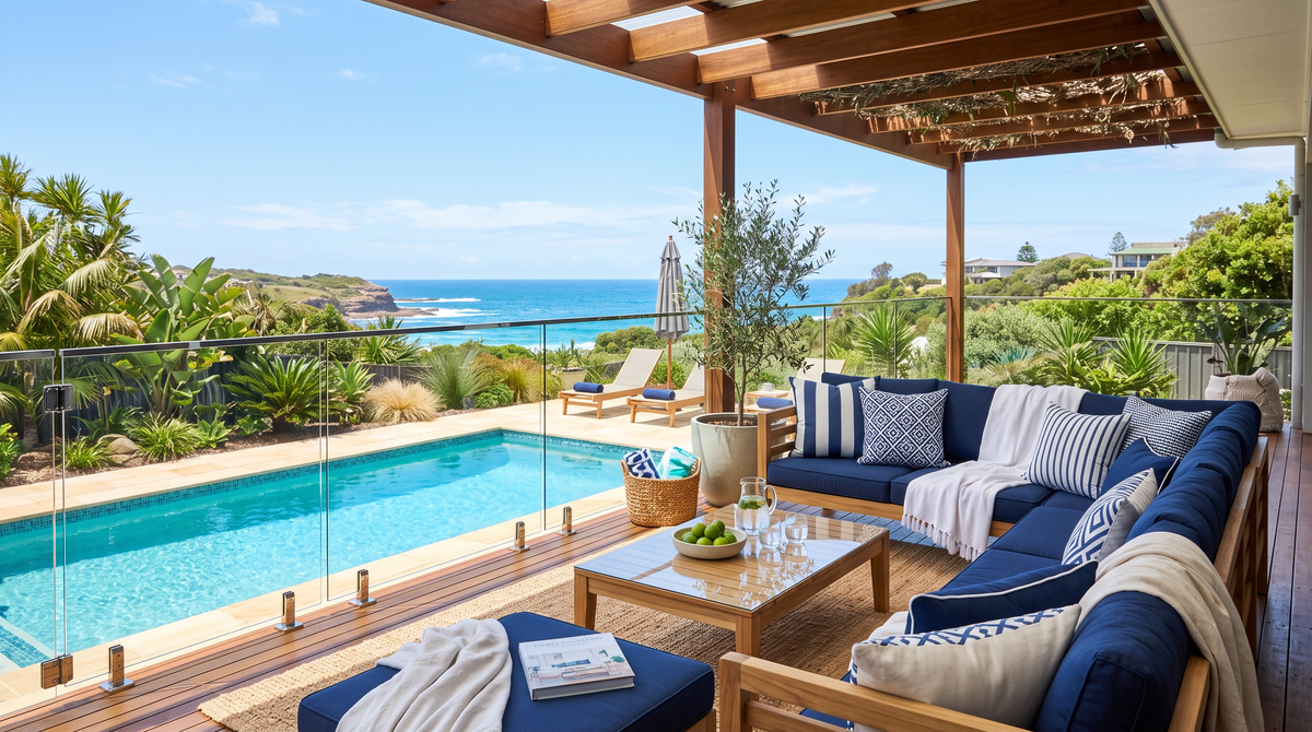 Styled holiday rental alfresco area in coastal Australia with navy and white cushions beside a pool
