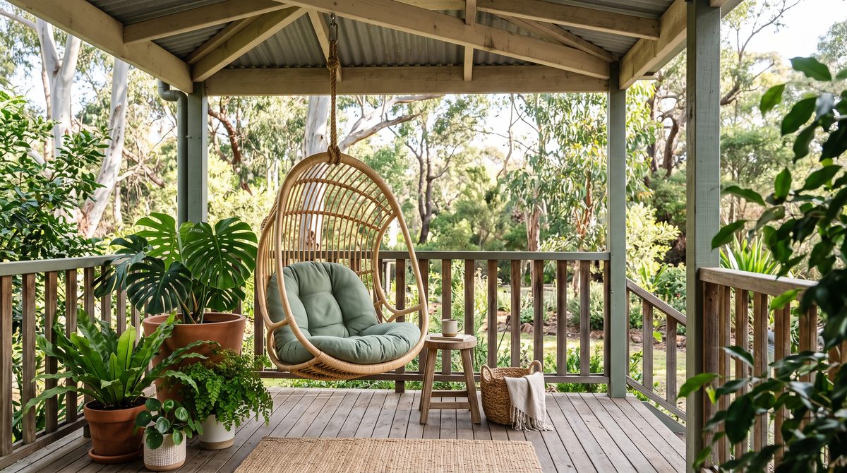 Hanging rattan egg chair on an Australian verandah with a new round sage-green cushion
