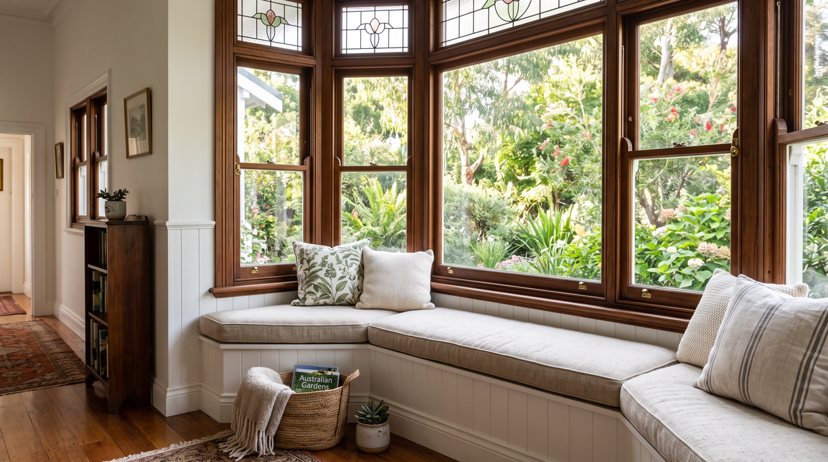 Bay window seat in a bright Federation-style home with an oatmeal fabric cushion and scatter cushions