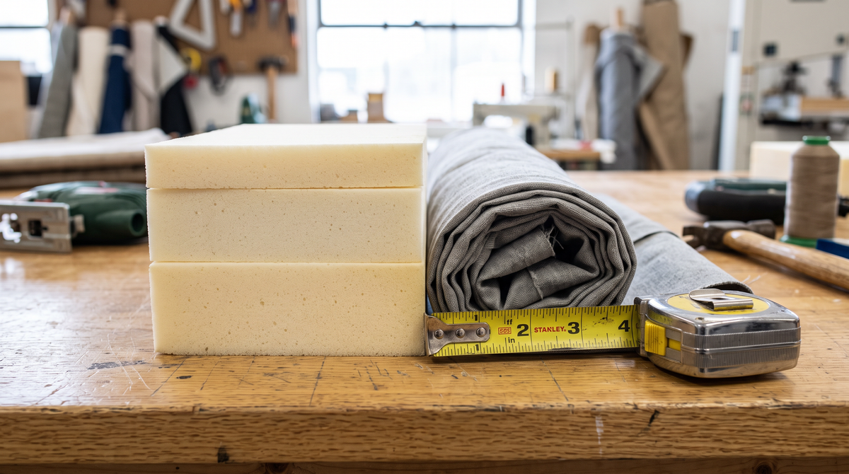 Three foam blocks of different thicknesses beside a fabric cover and tape measure on a timber workbench