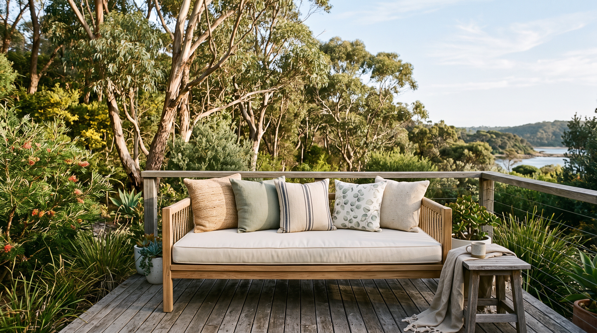 Outdoor daybed on a timber deck with a thick cream mattress cushion and scatter cushions in summer light