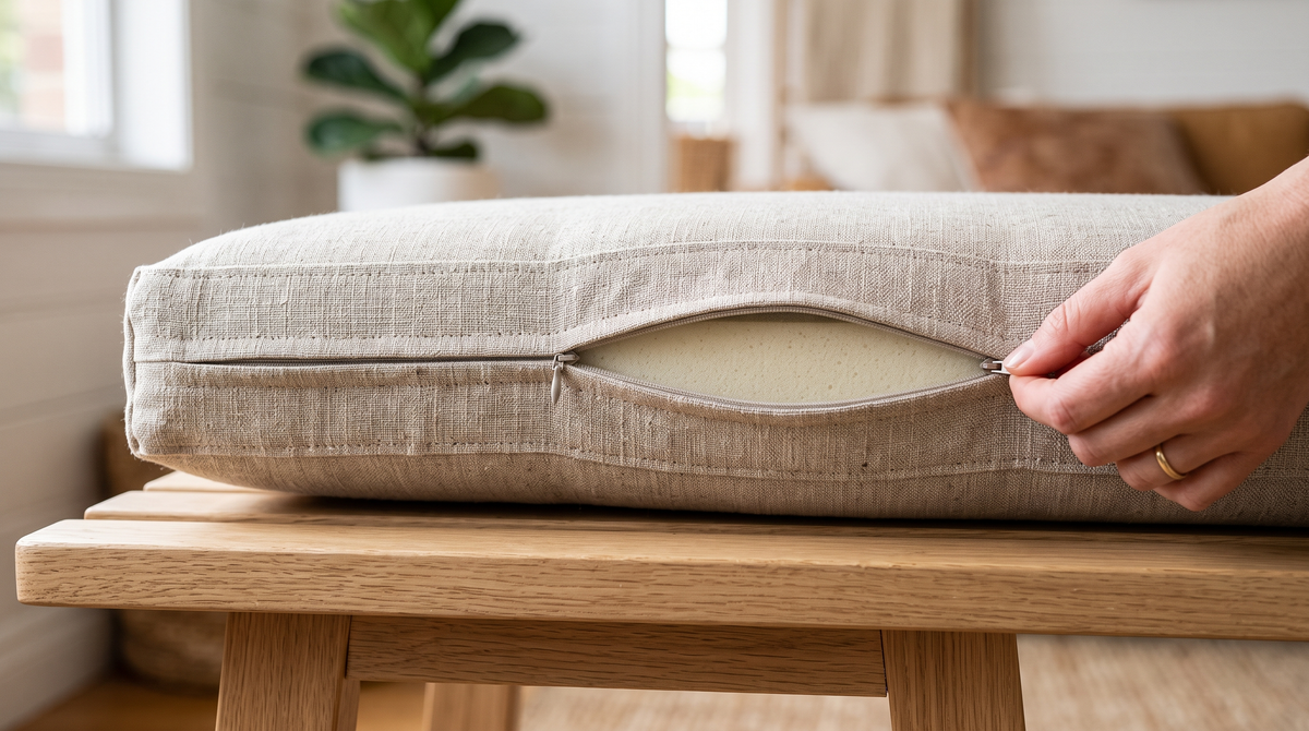 Close-up of a custom bench cushion cover with a hidden zip opened along the back edge showing the foam inside