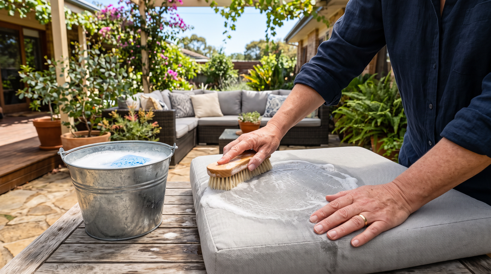 Hands scrubbing a light grey outdoor cushion with a soft brush and soapy water on a sunny patio