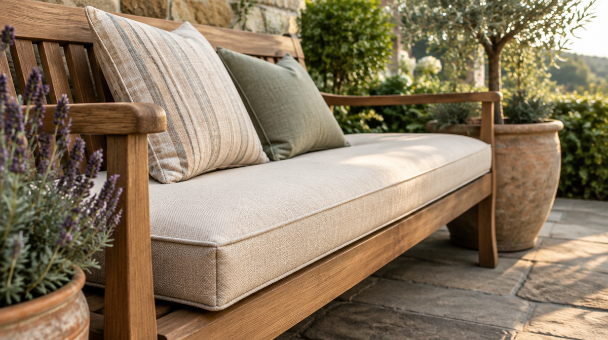 Teak garden bench with a thick custom outdoor bench cushion on a stone patio