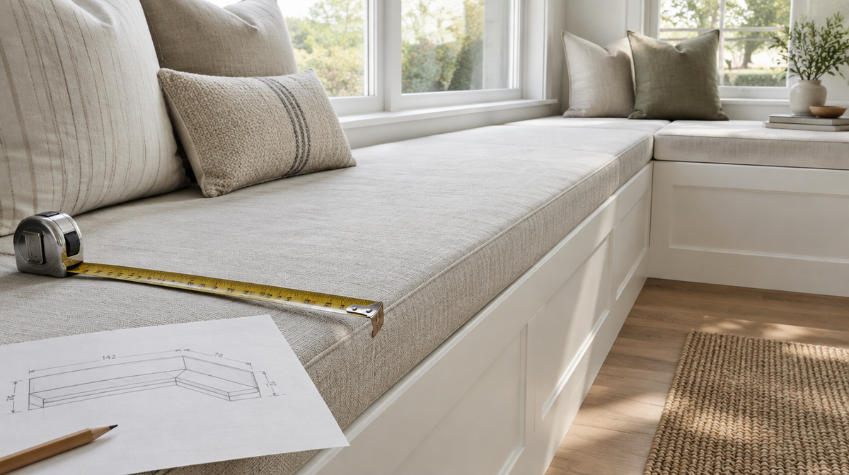 Custom-fitted cushions on a built-in L-shaped bench with a tape measure along the front edge