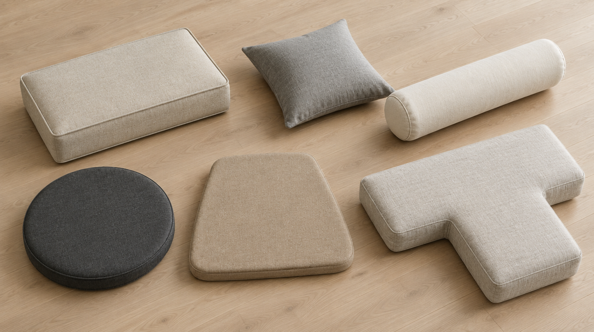 Types of cushions: box cushion with piping, knife-edge throw pillow, bolster, round seat pad, trapezoid chair pad and T-shaped sofa cushion