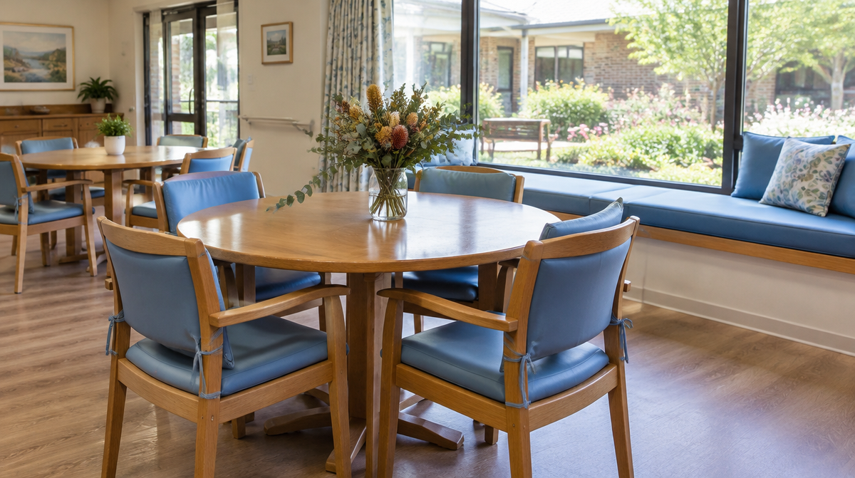 Aged care dining room with timber chairs fitted with tied wipe-clean seat pads in a soft blue vinyl