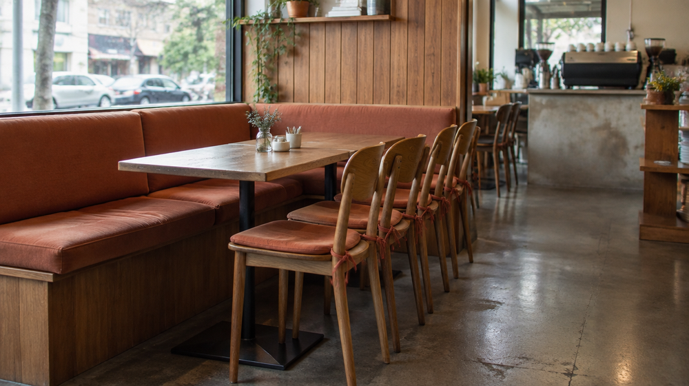 Café booth seating with made-to-measure cushions and timber chairs with tied seat pads in a bright Australian café
