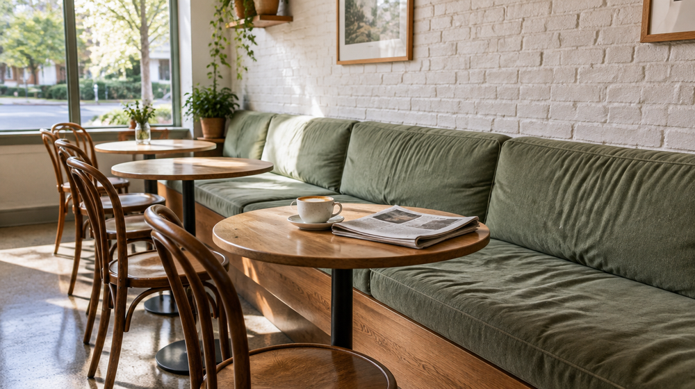 Made-to-measure banquette seating cushions in a muted green fabric along a timber bench in a sunlit Australian café
