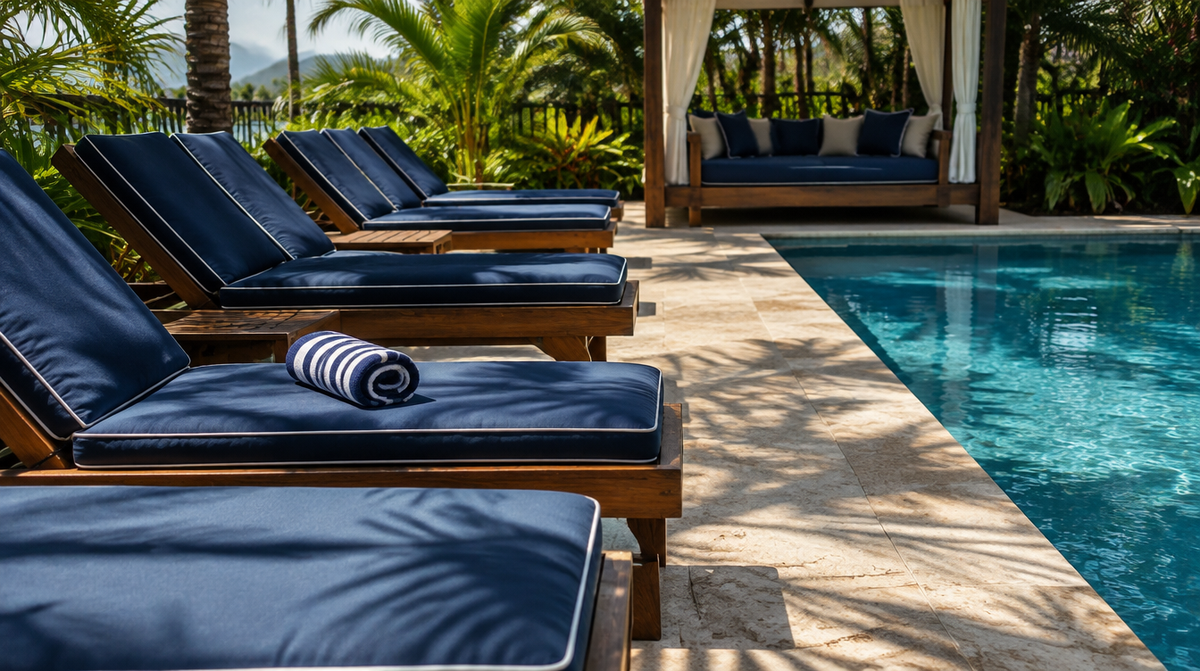 Row of sun lounges with made-to-measure navy and white cushions beside a resort pool in Queensland sunshine