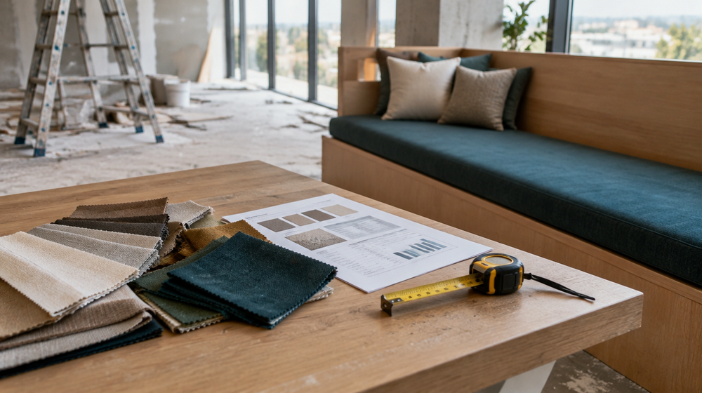 Fabric swatches and a fire test report laid on a designer's desk beside a cushion in a commercial fit-out