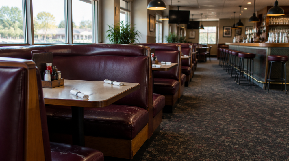 Bistro booths with made-to-measure deep red vinyl cushions in an Australian club dining room