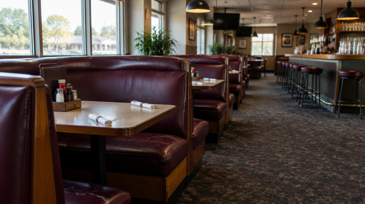 Bistro booths with made-to-measure deep red vinyl cushions in an Australian club dining room