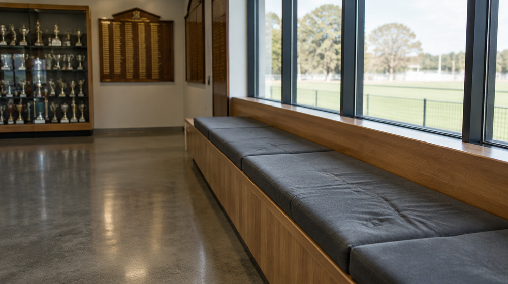 Long timber bench with sectioned made-to-measure charcoal cushions in a bright club foyer