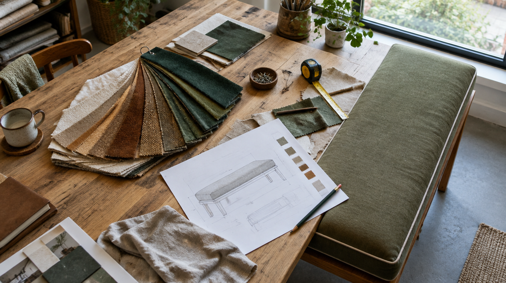 Designer's studio table with fabric swatches, a spec drawing and a finished custom cushion