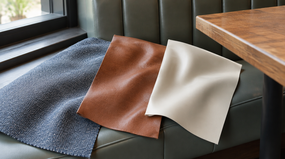 Fabric samples of woven Sunbrella, Ultraleather and marine vinyl laid on a cafe booth seat